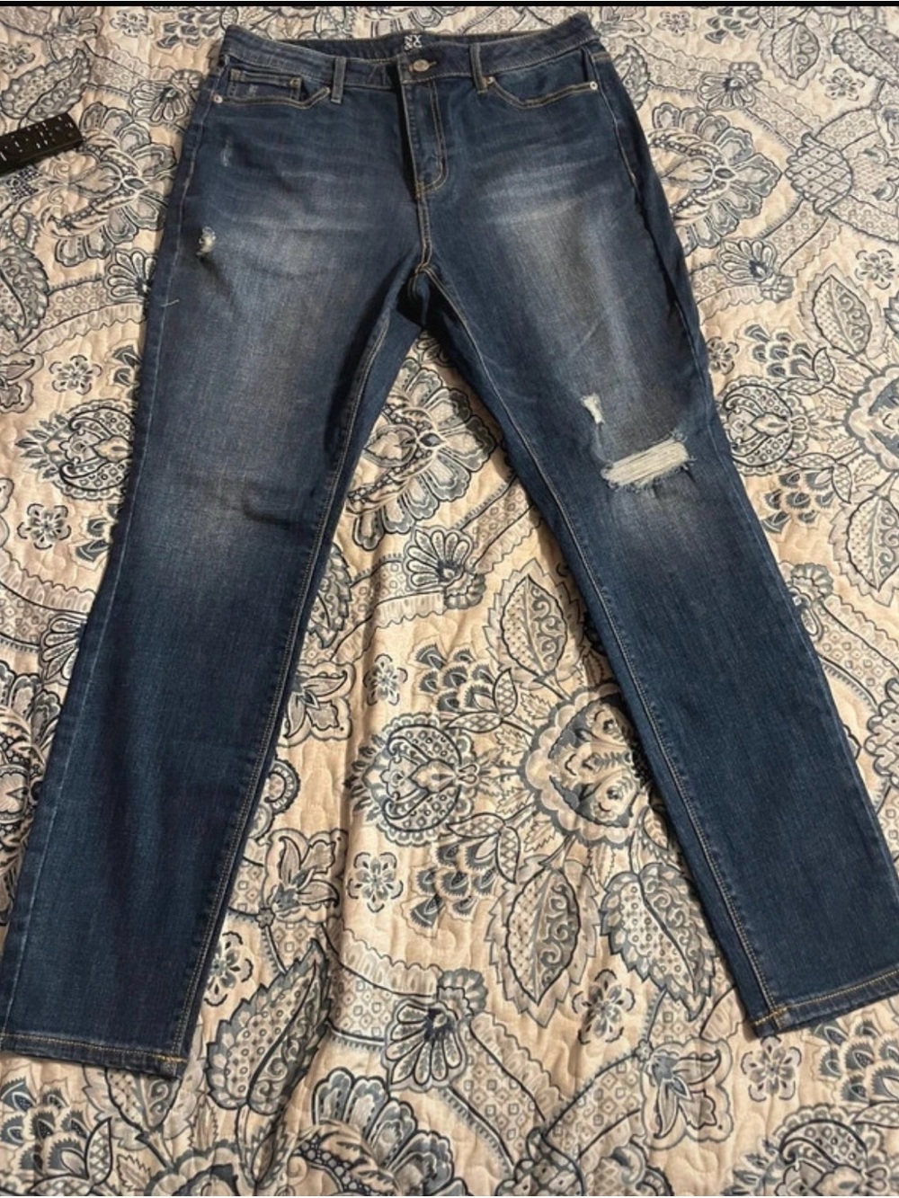 New York & Company Dark Blue Distressed Skinny Jeans